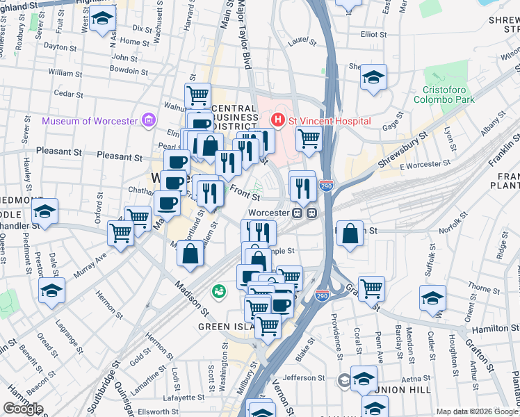 map of restaurants, bars, coffee shops, grocery stores, and more near 65 Foster Street in Worcester