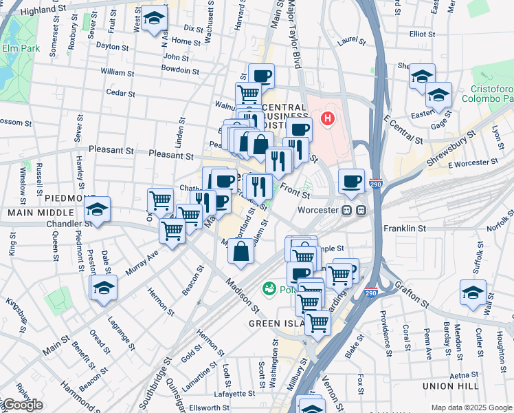 map of restaurants, bars, coffee shops, grocery stores, and more near in Worcester