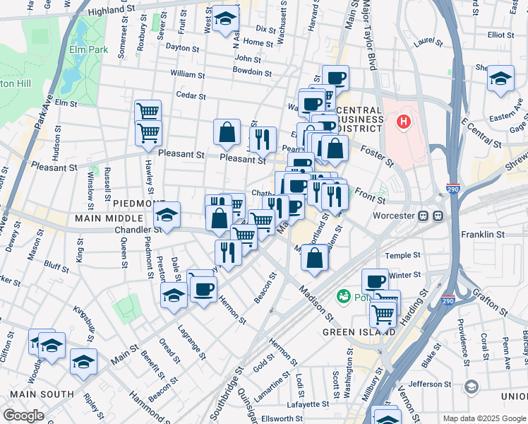 map of restaurants, bars, coffee shops, grocery stores, and more near 38 Austin Street in Worcester
