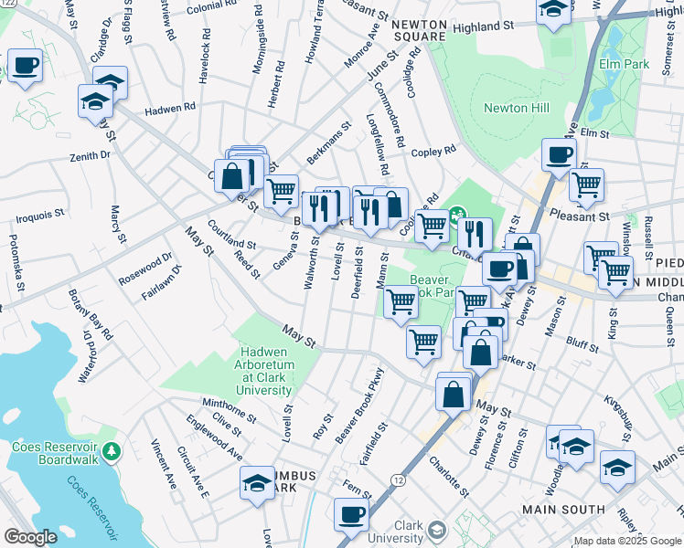 map of restaurants, bars, coffee shops, grocery stores, and more near 306 Lovell Street in Worcester