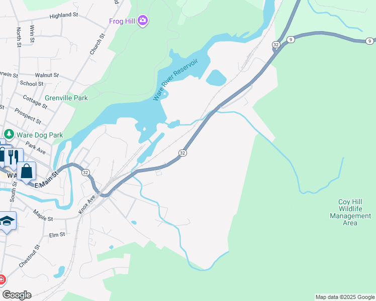 map of restaurants, bars, coffee shops, grocery stores, and more near 111 East Street in Ware