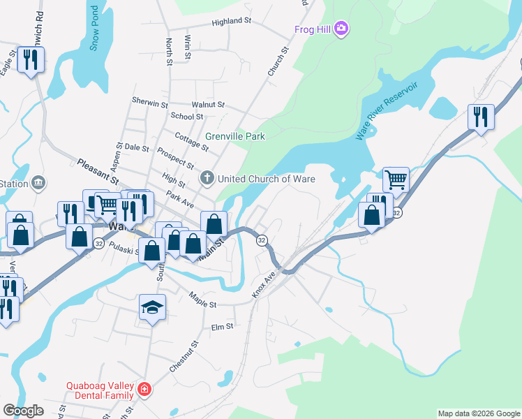map of restaurants, bars, coffee shops, grocery stores, and more near 11 Pine Street in Ware