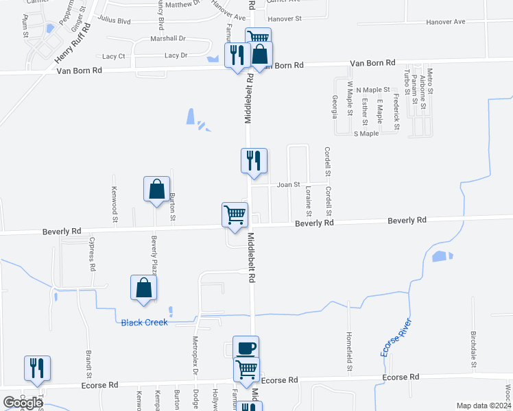 map of restaurants, bars, coffee shops, grocery stores, and more near 6384 Hyde Park Street in Romulus