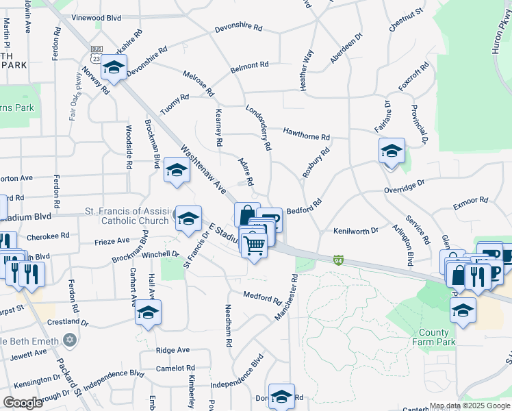 map of restaurants, bars, coffee shops, grocery stores, and more near 2350 U.S. 23 Business in Ann Arbor
