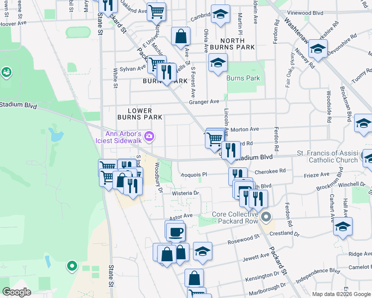 map of restaurants, bars, coffee shops, grocery stores, and more near 1307 East Stadium Boulevard in Ann Arbor