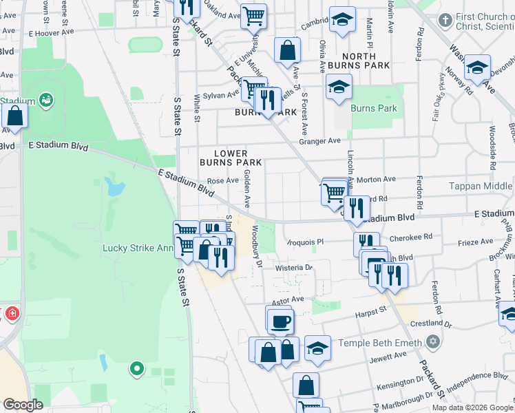 map of restaurants, bars, coffee shops, grocery stores, and more near 1111 East Stadium Boulevard in Ann Arbor