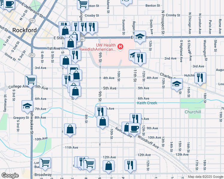 map of restaurants, bars, coffee shops, grocery stores, and more near 621 10th Street in Rockford