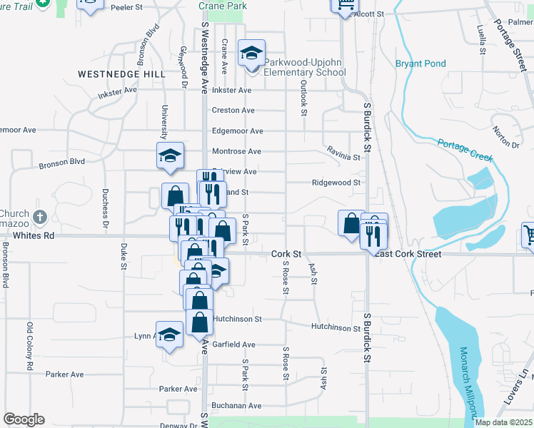 map of restaurants, bars, coffee shops, grocery stores, and more near 231 Whitcomb Street in Kalamazoo
