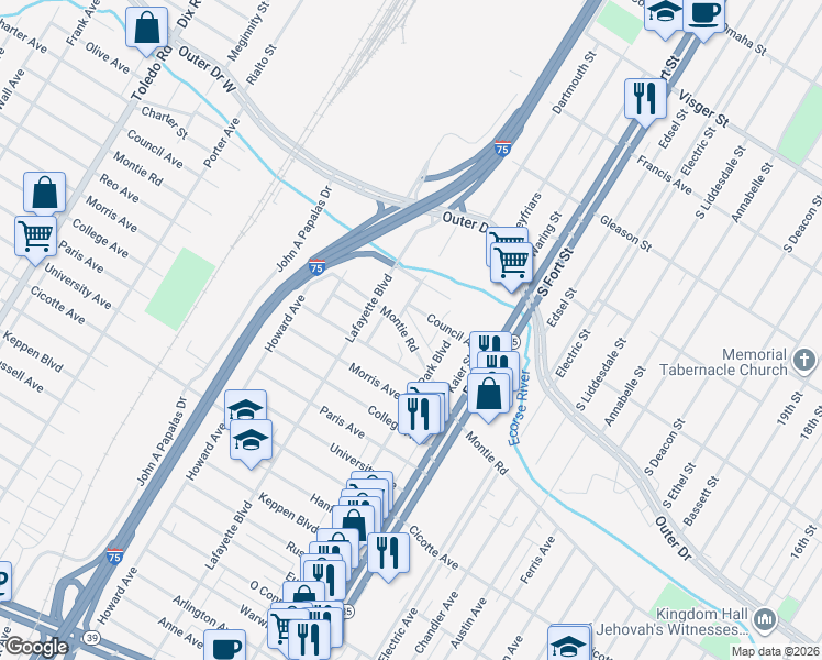 map of restaurants, bars, coffee shops, grocery stores, and more near 1416 Montie Road in Lincoln Park