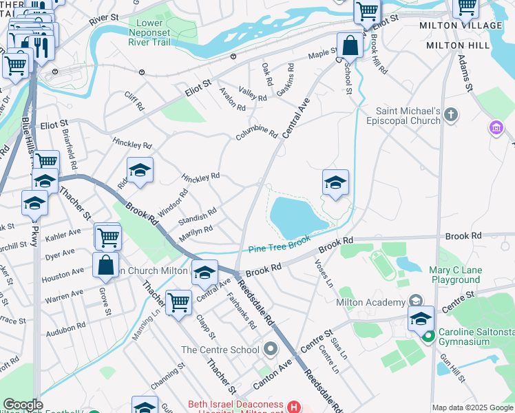 map of restaurants, bars, coffee shops, grocery stores, and more near 304 Central Avenue in Milton