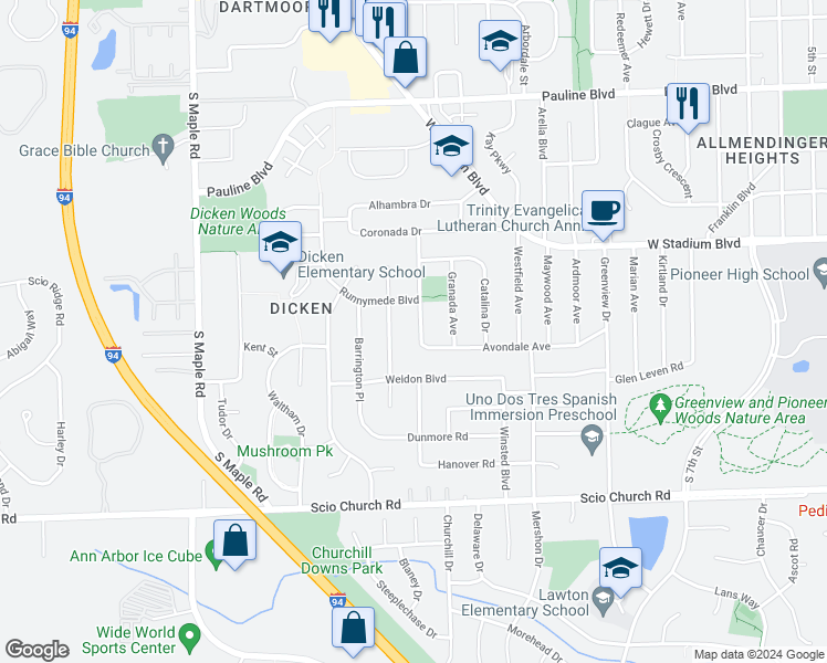map of restaurants, bars, coffee shops, grocery stores, and more near 1520 Las Vegas Drive in Ann Arbor