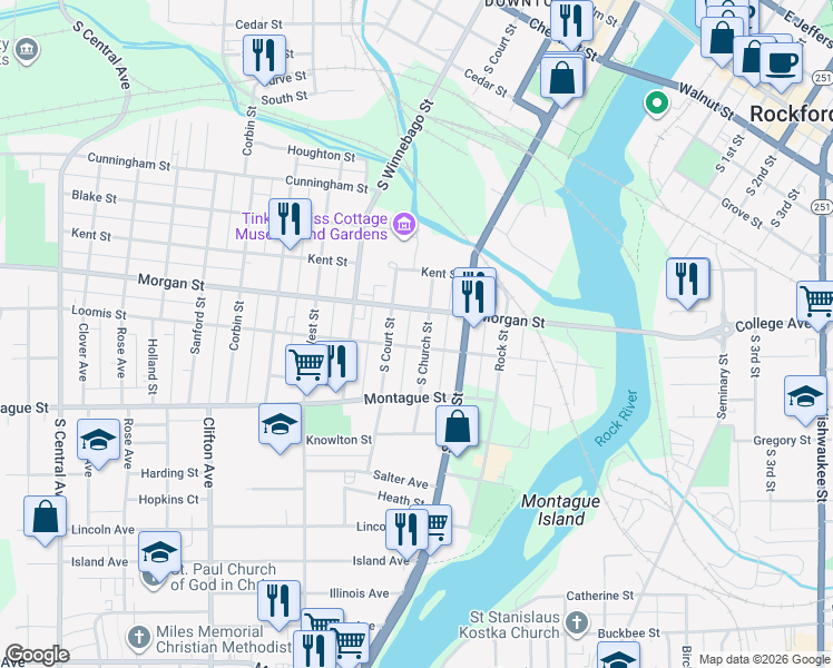 map of restaurants, bars, coffee shops, grocery stores, and more near 1121 South Church Street in Rockford