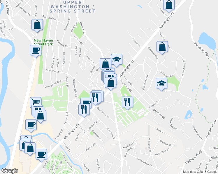 map of restaurants, bars, coffee shops, grocery stores, and more near 5197 Washington Street in Boston