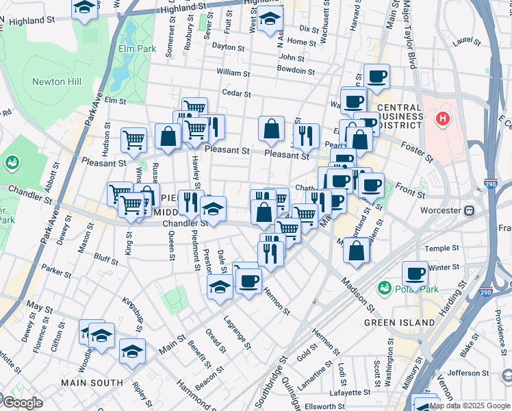 map of restaurants, bars, coffee shops, grocery stores, and more near 86 Austin Street in Worcester