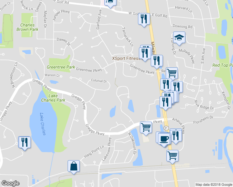 map of restaurants, bars, coffee shops, grocery stores, and more near 1869 North Crenshaw Circle in Vernon Hills