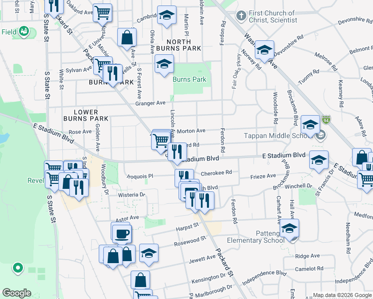map of restaurants, bars, coffee shops, grocery stores, and more near in Ann Arbor