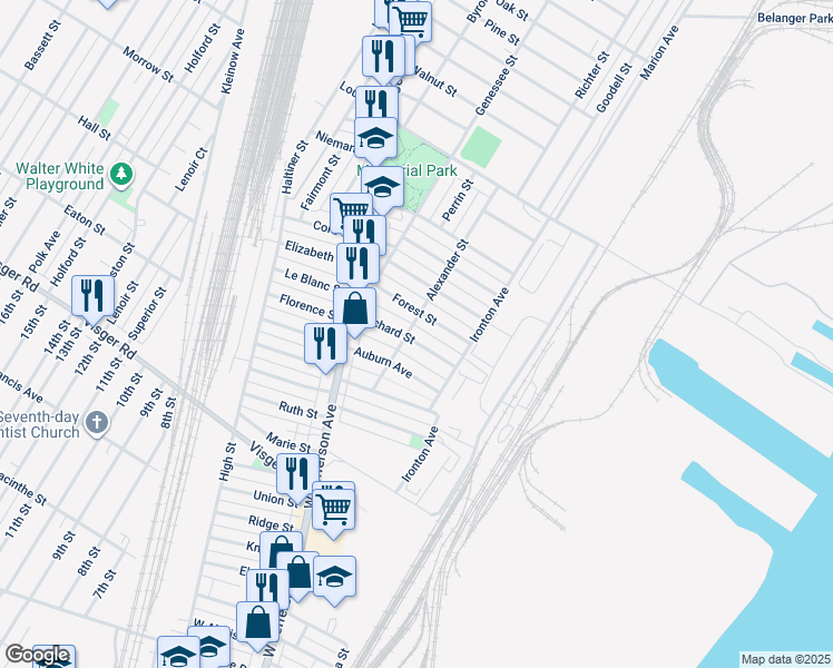 map of restaurants, bars, coffee shops, grocery stores, and more near 57 Orchard Street in River Rouge