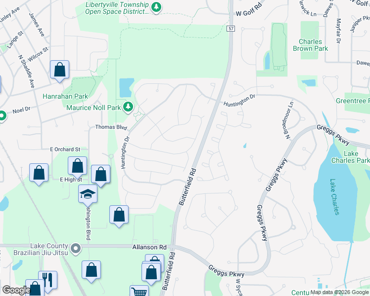 map of restaurants, bars, coffee shops, grocery stores, and more near 153 Knightsbridge Drive in Mundelein