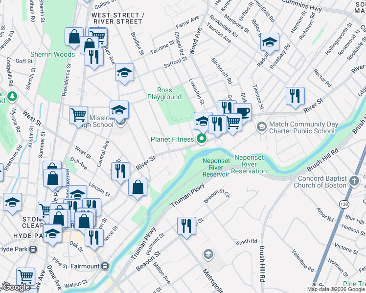 map of restaurants, bars, coffee shops, grocery stores, and more near 947 River Street in Boston