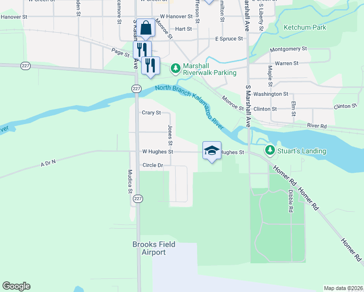 map of restaurants, bars, coffee shops, grocery stores, and more near 125 West Hughes Street in Marshall