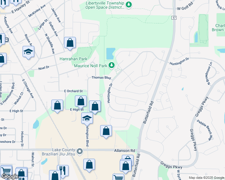 map of restaurants, bars, coffee shops, grocery stores, and more near 22 Bedford Road in Mundelein