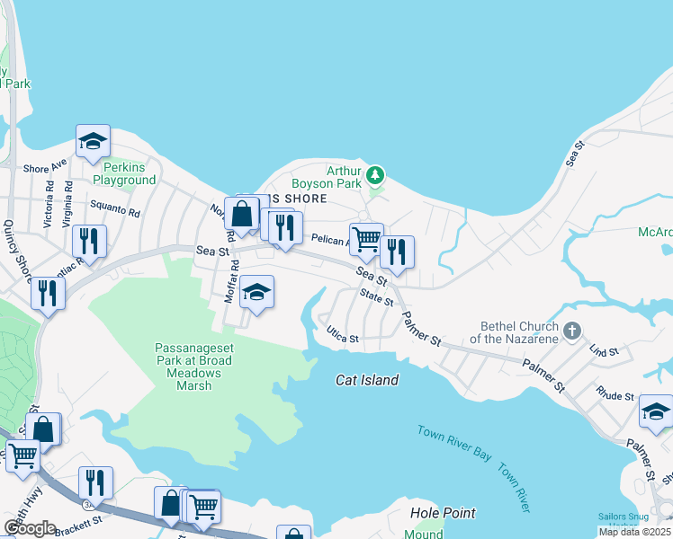map of restaurants, bars, coffee shops, grocery stores, and more near 140 Utica Street in Quincy