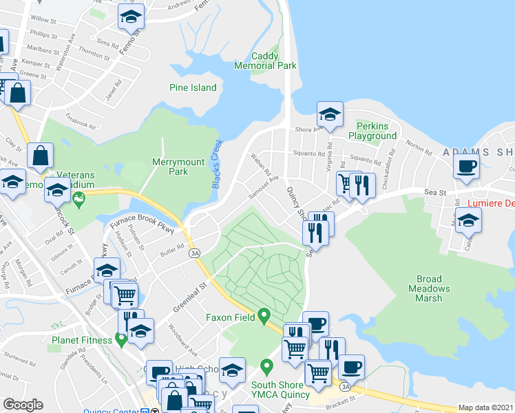 map of restaurants, bars, coffee shops, grocery stores, and more near 33 Samoset Avenue in Quincy