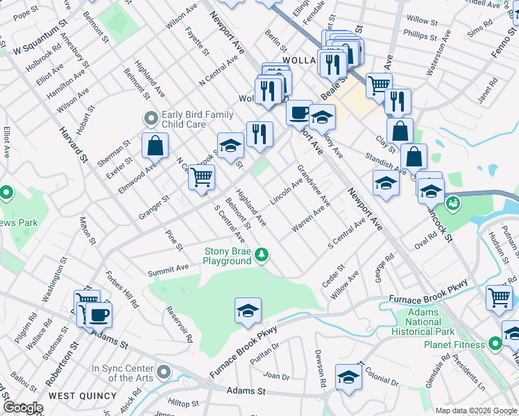 map of restaurants, bars, coffee shops, grocery stores, and more near 333 Highland Avenue in Quincy