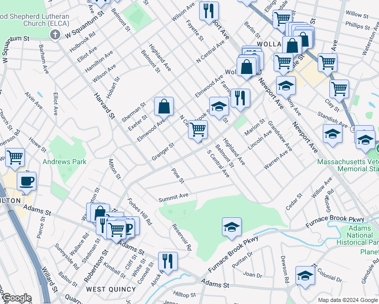 map of restaurants, bars, coffee shops, grocery stores, and more near 210 Norfolk Street in Quincy
