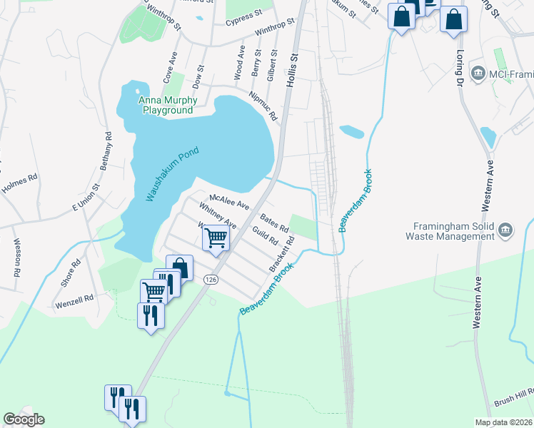 map of restaurants, bars, coffee shops, grocery stores, and more near 25 Bates Road in Framingham