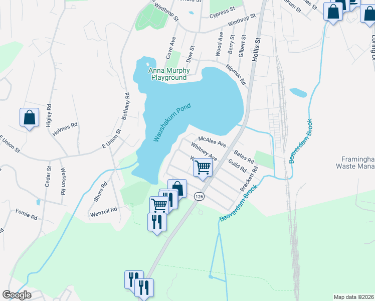 map of restaurants, bars, coffee shops, grocery stores, and more near 54 Willis Avenue in Framingham