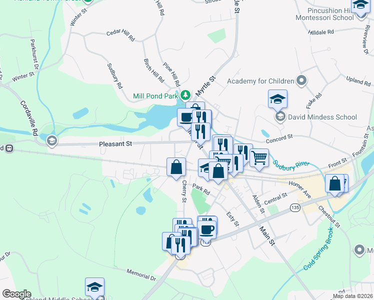 map of restaurants, bars, coffee shops, grocery stores, and more near 53 Cherry Street in Ashland