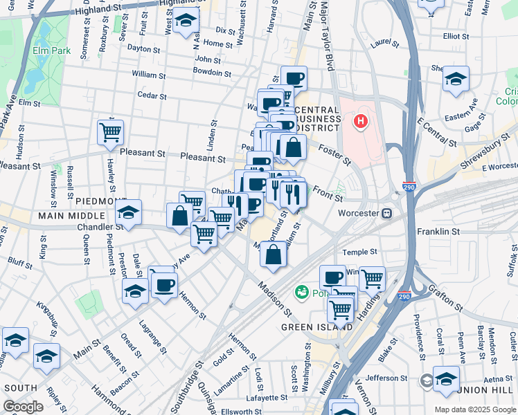map of restaurants, bars, coffee shops, grocery stores, and more near in Worcester