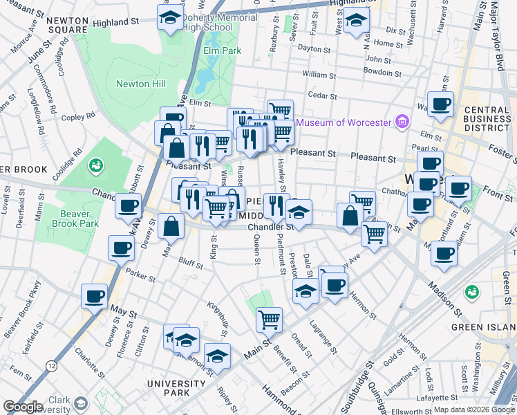 map of restaurants, bars, coffee shops, grocery stores, and more near in Worcester