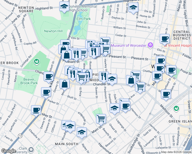 map of restaurants, bars, coffee shops, grocery stores, and more near in Worcester