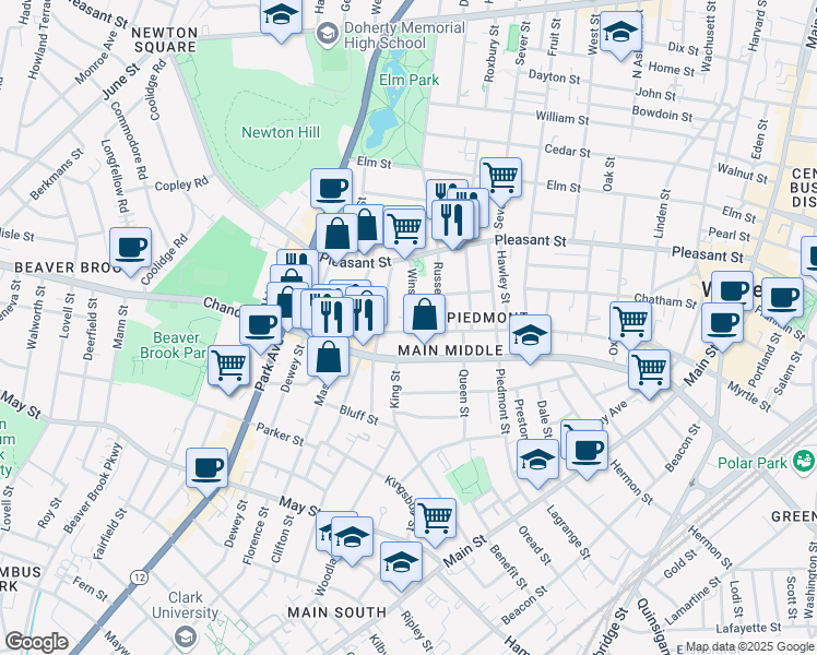 map of restaurants, bars, coffee shops, grocery stores, and more near 171 Austin Street in Worcester