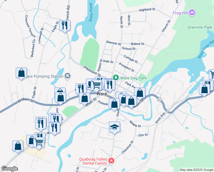 map of restaurants, bars, coffee shops, grocery stores, and more near 18 North Street in Ware