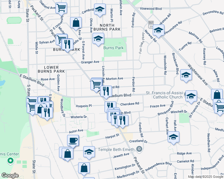 map of restaurants, bars, coffee shops, grocery stores, and more near in Ann Arbor