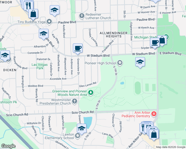 map of restaurants, bars, coffee shops, grocery stores, and more near 1619 Kirtland Drive in Ann Arbor
