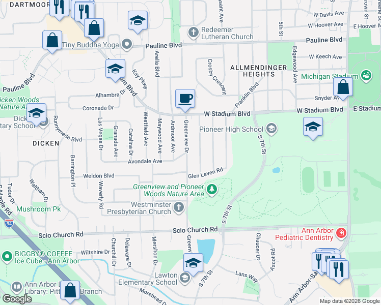 map of restaurants, bars, coffee shops, grocery stores, and more near 1608 Marian Avenue in Ann Arbor