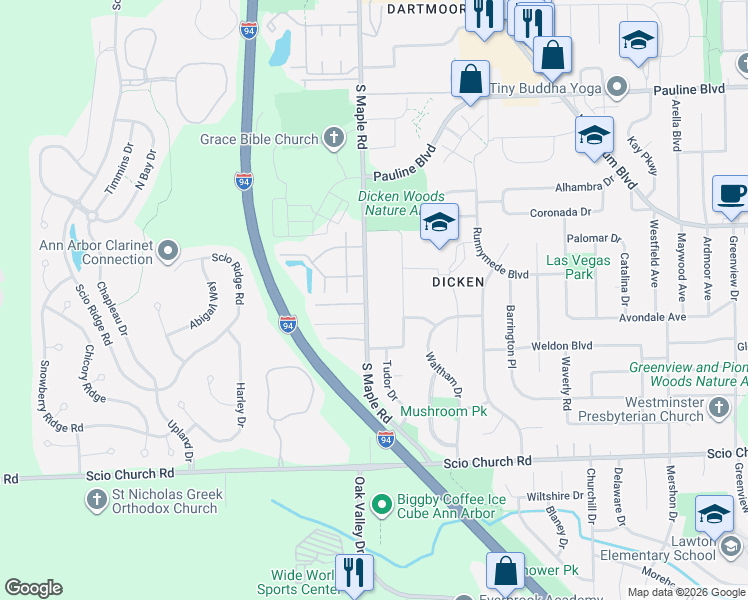 map of restaurants, bars, coffee shops, grocery stores, and more near 1645 South Maple Road in Ann Arbor