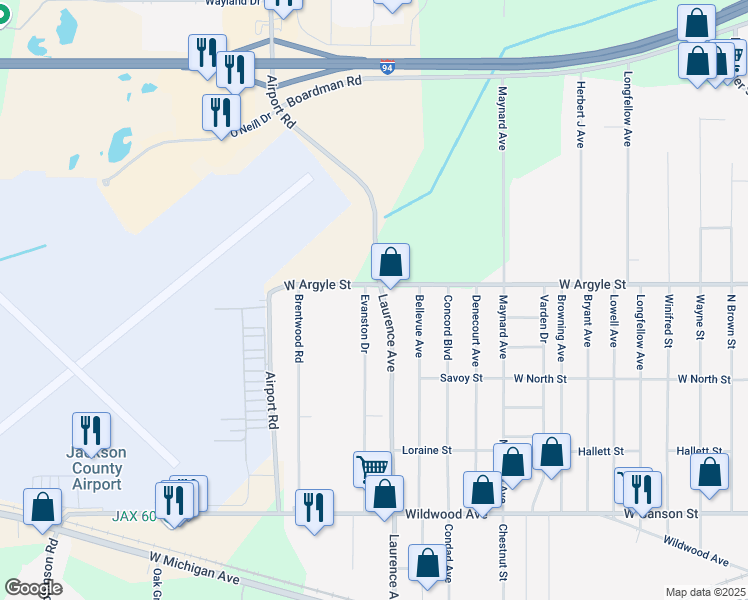 map of restaurants, bars, coffee shops, grocery stores, and more near 1027 Evanston Drive in Jackson