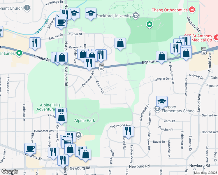 map of restaurants, bars, coffee shops, grocery stores, and more near 4856 East Lawn Drive in Rockford