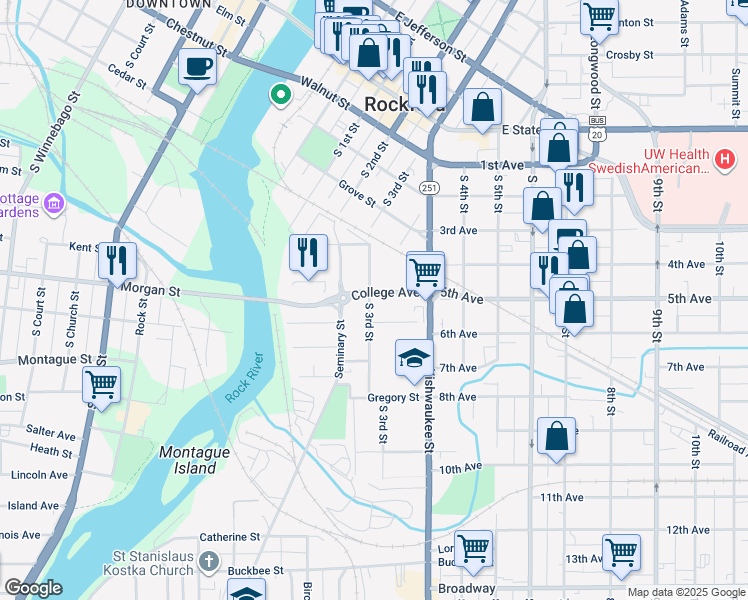 map of restaurants, bars, coffee shops, grocery stores, and more near 623 South 3rd Street in Rockford