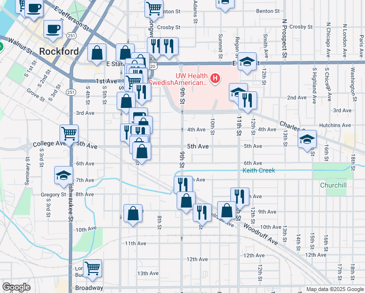 map of restaurants, bars, coffee shops, grocery stores, and more near 600 9th Street in Rockford