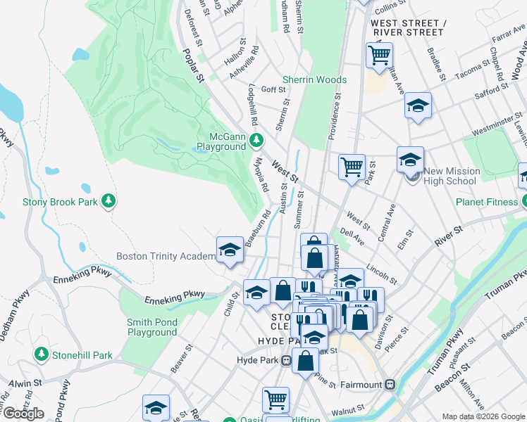 map of restaurants, bars, coffee shops, grocery stores, and more near 26 Braeburn Road in Boston