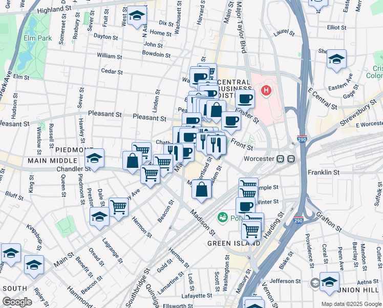 map of restaurants, bars, coffee shops, grocery stores, and more near 17 Federal Street in Worcester