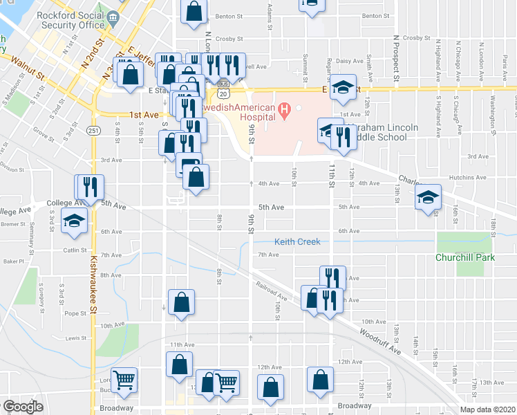 map of restaurants, bars, coffee shops, grocery stores, and more near 1311 5th Avenue in Rockford