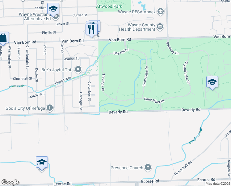 map of restaurants, bars, coffee shops, grocery stores, and more near 6274 Inverness Court in Romulus