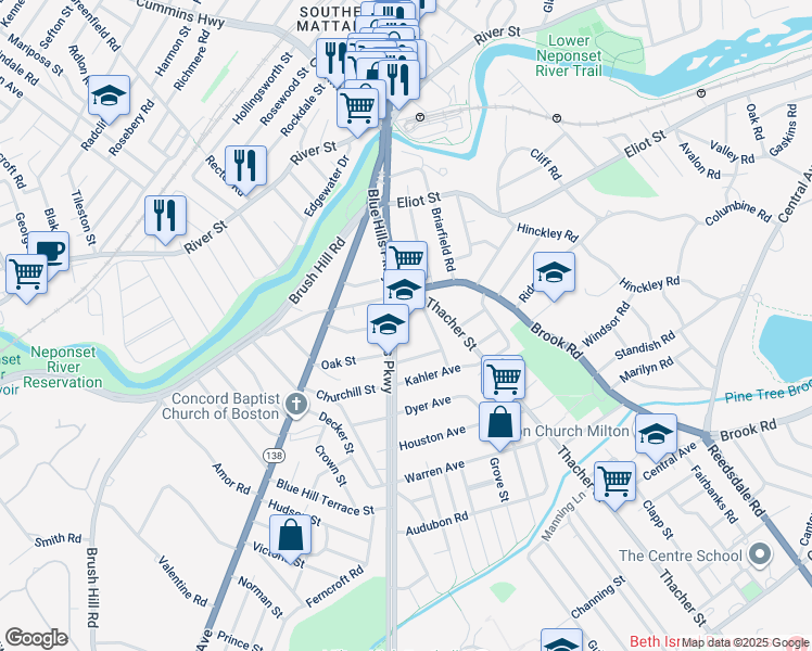map of restaurants, bars, coffee shops, grocery stores, and more near 7 Milton St in Milton